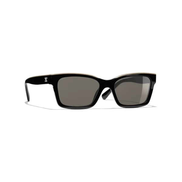 Channel Square Sunglasses – Noir et beige. Verres : marron