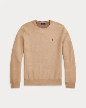 Pull à col rond en coton piqué – Mélange camel