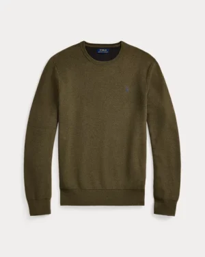 Pull à col rond en coton piqué – Olive cargo chiné