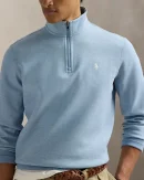 Pull quart de zip en maille double – Bleu Chiné Moderne